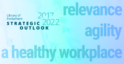 The title page of the Library of Parliament&rsquo;s Strategic Outlook 2017&ndash;2022 shows the three strategic priorities: relevance, agility and a healthy workplace.