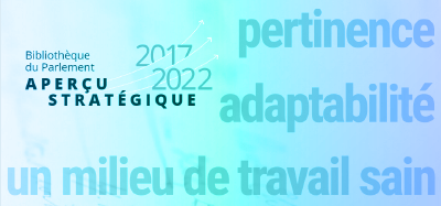 La page titre de l&rsquo;Aper&ccedil;u strat&eacute;gique 2017-2022 de la Biblioth&egrave;que du Parlement pr&eacute;sente les trois priorit&eacute;s strat&eacute;giques : pertinence, adaptabilit&eacute; et un milieu de travail sain.