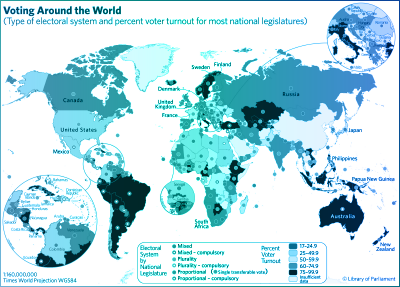 The &ldquo;Voting Around the World&rdquo; map indicates the type of electoral system and percent voter turnout for most national legislatures.