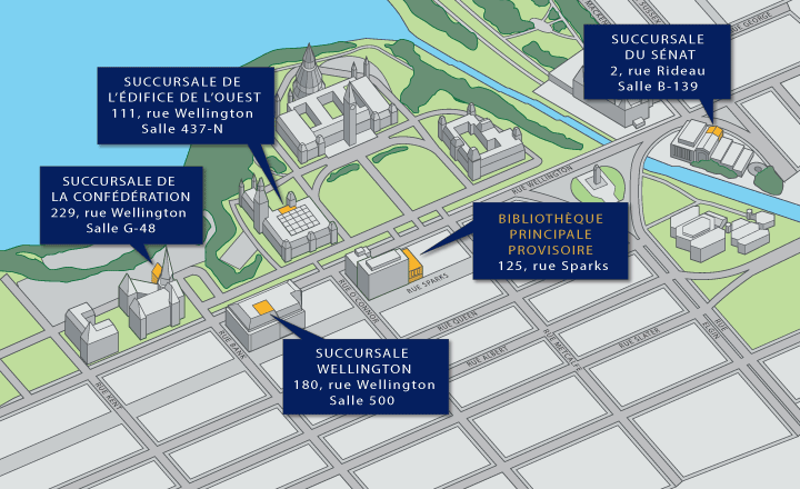 Carte montrant l&rsquo;emplacement des succursales de la Biblioth&egrave;que, d&rsquo;Ouest en Est : Succursale de la Conf&eacute;d&eacute;ration (229, rue Wellington, salle G-48), Succursale de l&rsquo;&eacute;difice de l&rsquo;Ouest (111, rue Wellington, salle 437‑N), Succursale Wellington (180, rue Wellington, salle 500), Biblioth&egrave;que principale provisoire (125, rue Sparks), Succursale du S&eacute;nat (2, rue Rideau, salle B-139).