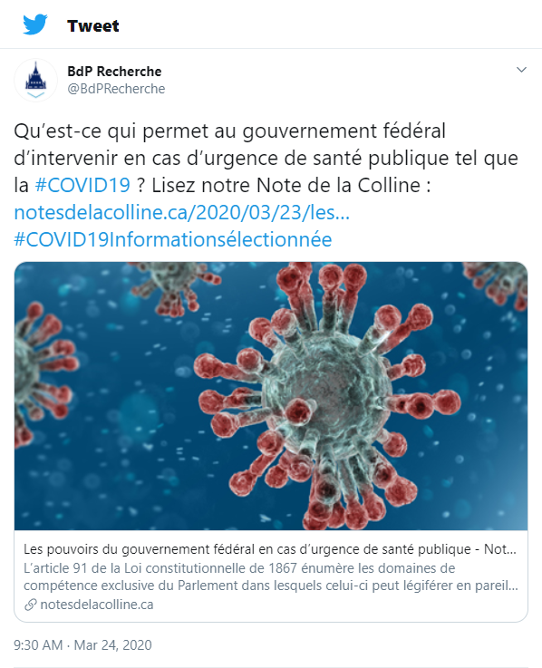 Reproduction d&rsquo;un gazouillis de la Biblioth&egrave;que concernant le premier article publi&eacute; sur les Notes de la Colline &agrave; propos de la pand&eacute;mie de COVID-19