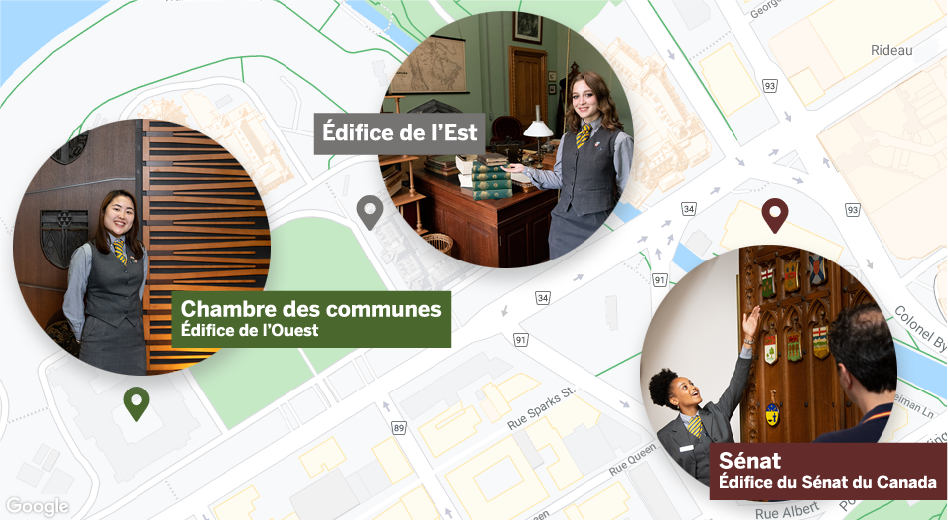 Images de guides proposant des visites de l&rsquo;&eacute;difice de l&rsquo;Ouest, de l&rsquo;&eacute;difice de l&rsquo;Est et de l&rsquo;&eacute;difice du S&eacute;nat du Canada, plac&eacute;es &agrave; leur emplacement respectif sur une carte