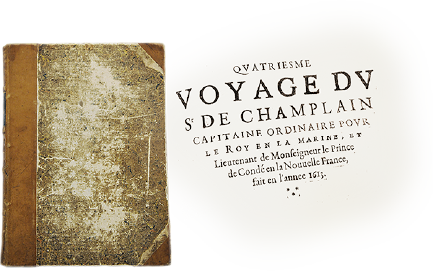 Image de la couverture et de la premi&egrave;re page d&rsquo;un livre rare de la Biblioth&egrave;que, Les voyages du Sieur de Champlain