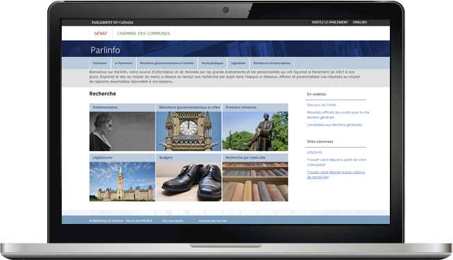 Image de l&rsquo;&eacute;cran d&rsquo;un ordinateur portable montrant la page d&rsquo;accueil de Parlinfo