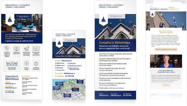 Différents documents préparés avec la nouvelle identité visuelle de la Bibliothèque (carte de présentation des installations, carte avec les coordonnées de la Bibliothèque, carte d’information et bulletin d’information de la Bibliothèque)