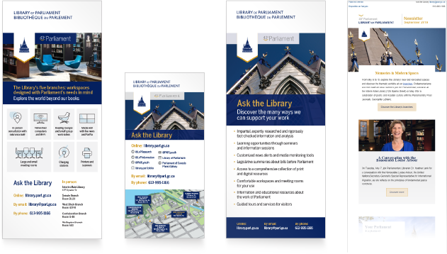 Images of various documents featuring the Library&rsquo;s new visual identity (Library amenities card, contact card, information card and the Library&rsquo;s newsletter)