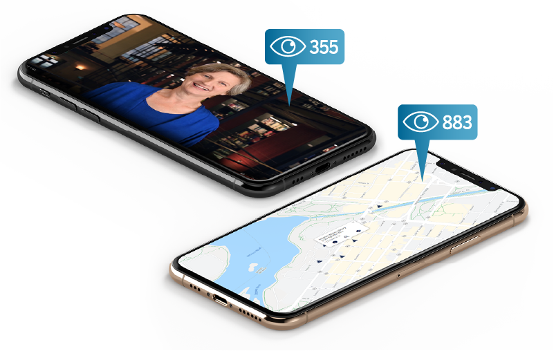 Image of two smartphones. The first phone displays an image of the Parliamentary Librarian&rsquo;s video message and indicates the number of views (355 views). The second phone shows an image of the Library&rsquo;s interactive branch map (883 views).