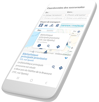 Image de la carte interactive des succursales de la Biblioth&egrave;que affich&eacute;e sur l&rsquo;&eacute;cran d&rsquo;un t&eacute;l&eacute;phone intelligent