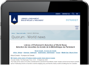 Image of a tablet screen showing the Quorum &ndash; World News home page and the number of subscribers totalling 841