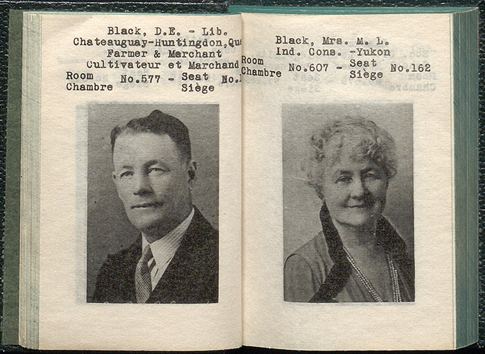 Each page of a small open book shows a portrait photograph of a Canadian member of Parliament and, in English and French, the member’s party affiliation, riding, location in the House of Commons, office number and previous occupation.