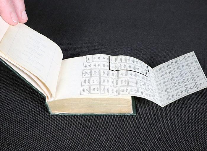 A book being held open to show a fold-out page with a seating plan.