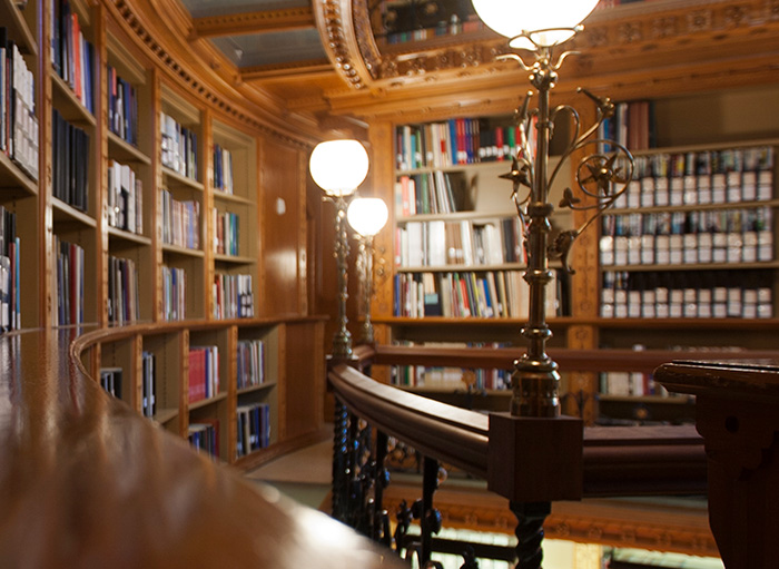 Balustrades along the edge of one of the galleries inside the Main Library of the Library of Parliament