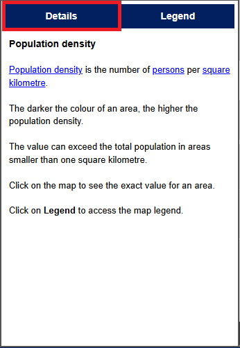 A description of the selected variable “Population density,” with the “Details” button highlighted.