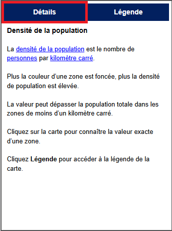 Une description de la variable sélectionnée « Densité de la population », avec le bouton « Détails » mis en évidence.