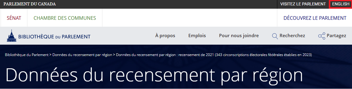 Image partielle de la page d’accueil Données du recensement par région avec ENGLISH mis en évidence.
