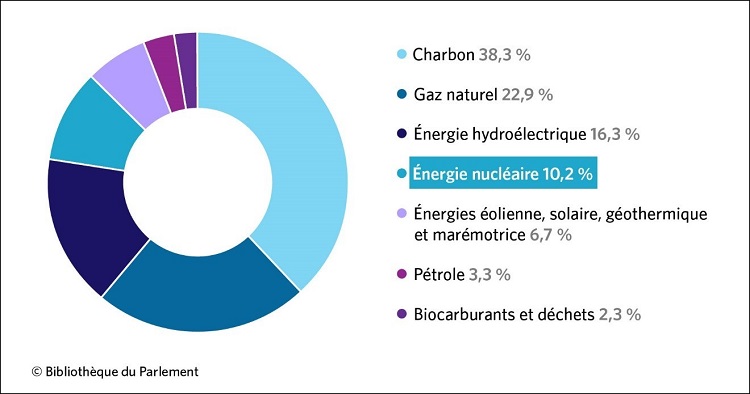 Cette figure pr&eacute;sente la proportion des diff&eacute;rentes sources d&rsquo;&eacute;nergie au sein de la production mondiale d&rsquo;&eacute;lectricit&eacute; en 2017. La source d&rsquo;&eacute;nergie la plus utilis&eacute;e &eacute;tait le charbon avec 38,3 % de l&rsquo;&eacute;lectricit&eacute; produite, suivi du gaz naturel avec 22,9 %, de l&rsquo;&eacute;nergie hydro&eacute;lectrique avec 16,3 %, de l&rsquo;&eacute;nergie nucl&eacute;aire avec 10,2 %, des &eacute;nergies &eacute;olienne, solaire, g&eacute;othermique et mar&eacute;motrice avec 6,7 %, du p&eacute;trole avec 3,3 %, ainsi que des biocarburants et des d&eacute;chets avec 2,3 %.