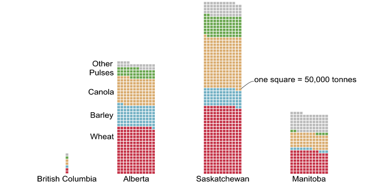 FFigure showing grain production across Western Canada. The top grain-producing province in terms of volume is Saskatchewan, followed by Alberta and Manitoba. British Columbia ranks a distant fourth. Wheat and canola account for a significant share of the production in each province. Barley is a key product in Alberta and to a lesser extent in Saskatchewan, while nearly absent from production in Manitoba. Pulse production in Saskatchewan ranks third, behind wheat and canola. Alberta is also a big producer of pulses, which rank fourth behind wheat, canola and barley.