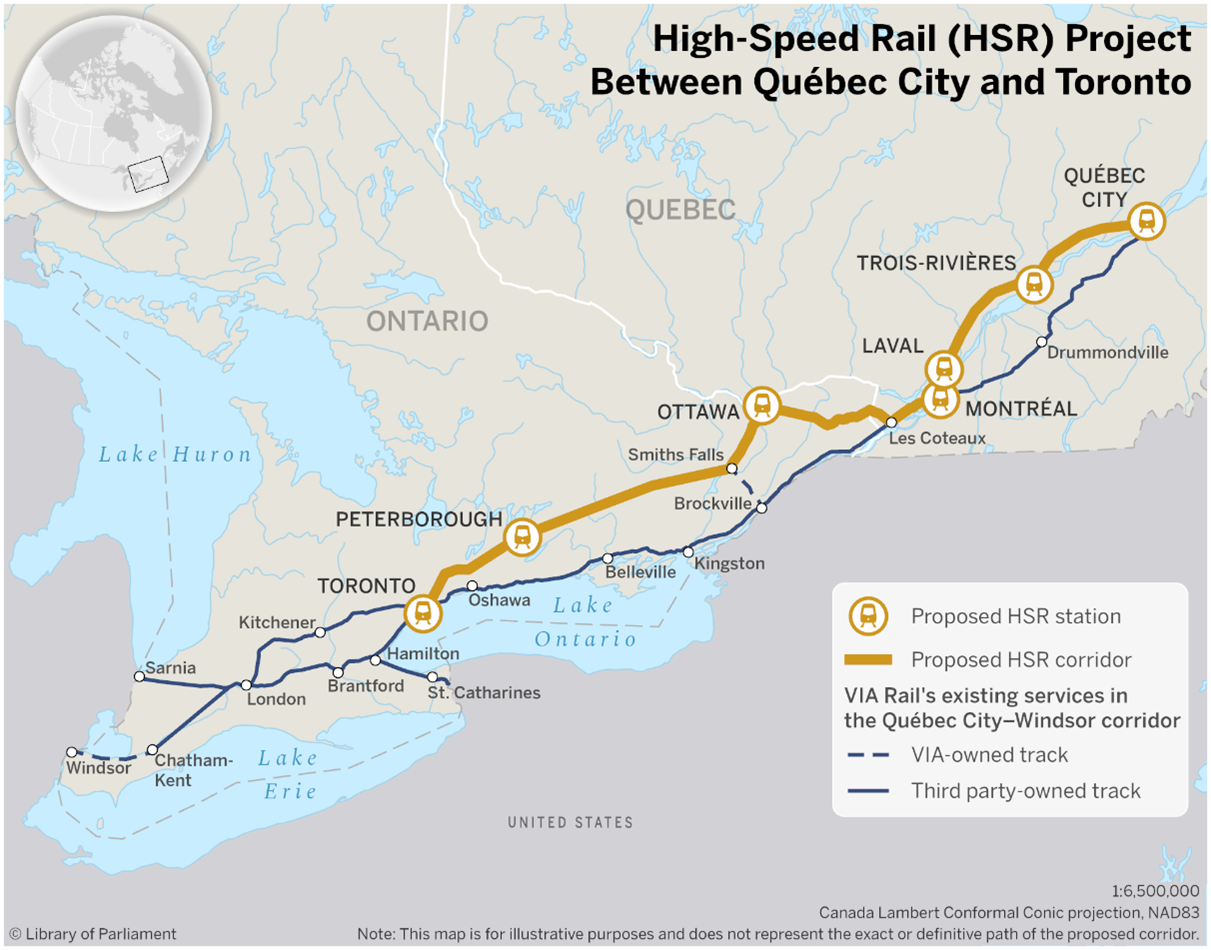 This map illustrates the proposed high-speed rail alignment in the Québec City–Toronto corridor, with stations planned in Québec City, Trois-Rivières, Laval, Montréal, Ottawa, Peterborough and Toronto. The map also shows the current VIA Rail alignments used in its services in the Québec City–Windsor corridor. VIA Rail owns the tracks between Les Coteaux, Ottawa, Smith Falls and Brockville, as well as the ones between Chatham–Kent and Windsor, while the other lines are owned by third parties.