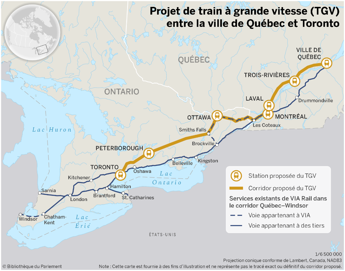 Cette carte illustre le projet de corridor de train à grande vitesse entre Québec et Toronto, avec des stations prévues à Québec, Trois-Rivières, Laval, Montréal, Ottawa, Peterborough et Toronto. La carte montre également les voies de chemin de fer actuelles utilisées par VIA Rail pour assurer ses services dans le corridor Québec-Windsor. VIA Rail est propriétaire des voies reliant Les Coteaux, Ottawa, Smith Falls et Brockville, ainsi que de celles reliant Chatham-Kent et Windsor. Le reste des voies existantes appartiennent à des tiers.